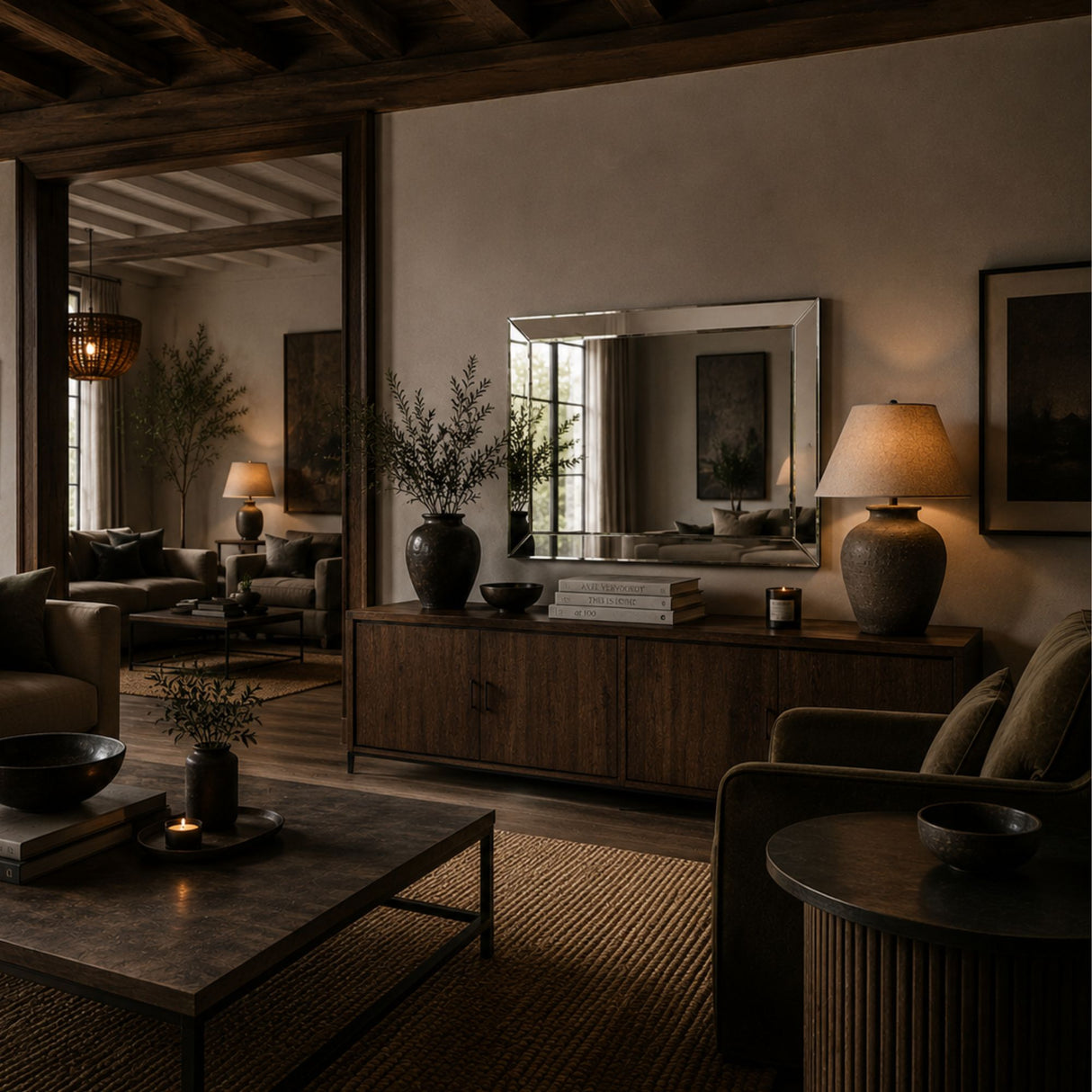 A dark, elegant living room interior featuring a wooden credenza with a large rectangular mirror, a lit table lamp, and a vase with dried branches. The room has warm neutral walls, dark wood ceiling beams, and a textured woven rug.