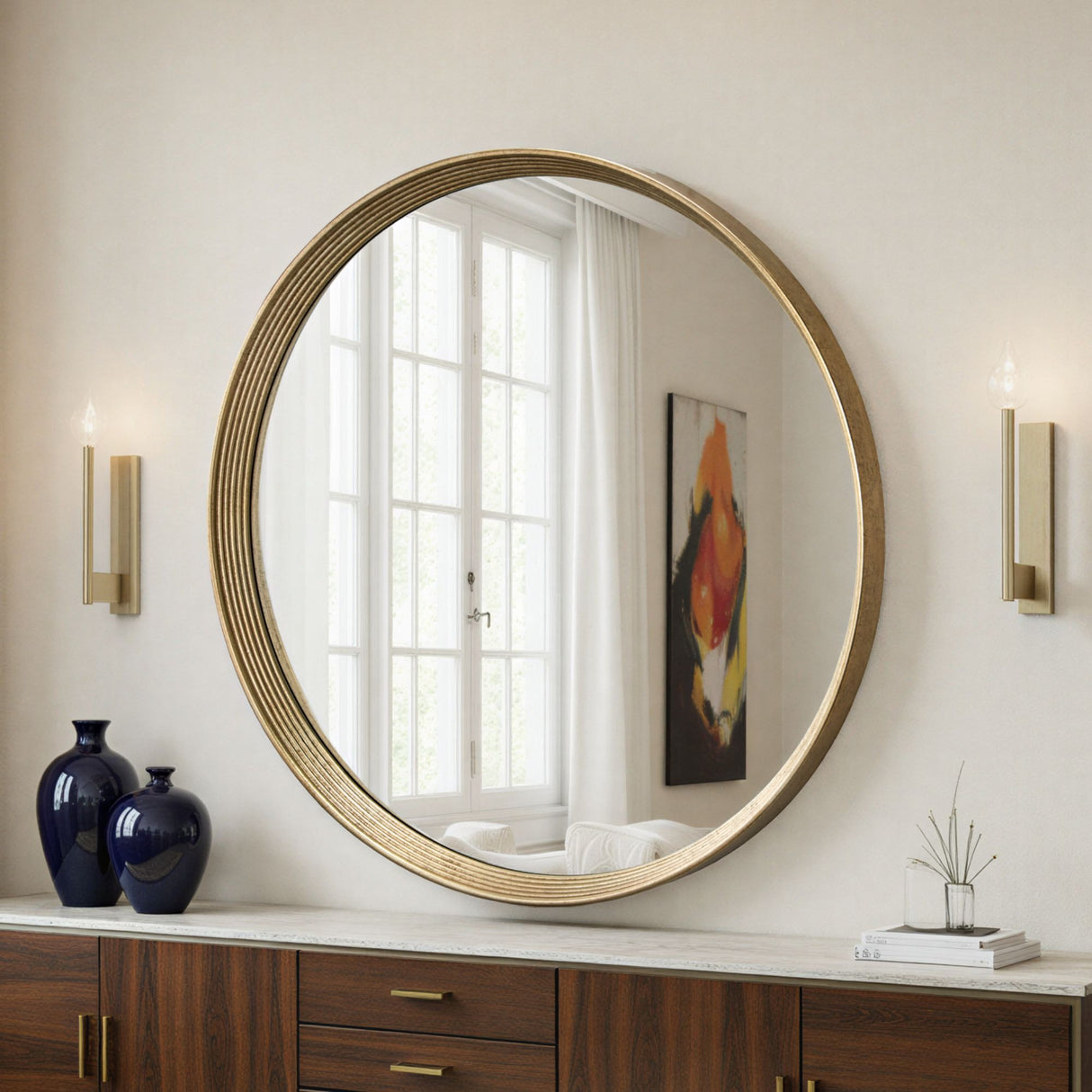 Large round contemporary circular mirror Gold bevelled