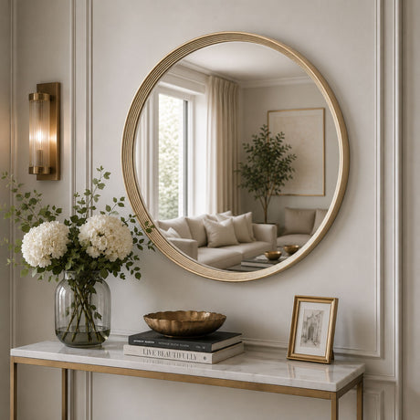 Round wall mirror with a gold-toned frame hanging above a console table in a styled interior. The mirror reflects a softly lit living room with a sofa and plant, while the foreground includes white flowers in a glass vase, stacked books, a metallic bowl, and a small framed print.