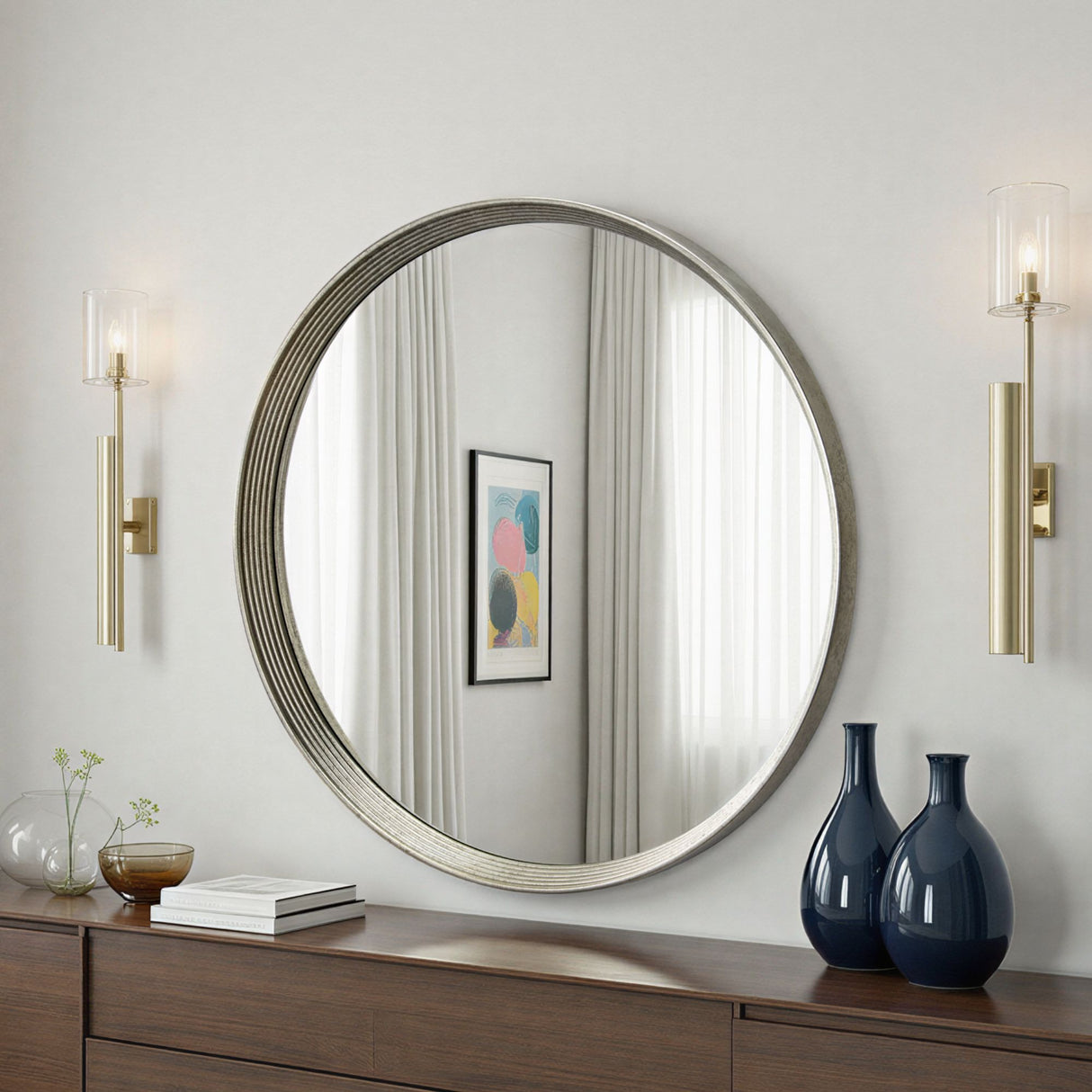 Large round contemporary circular mirror silver bevelled
