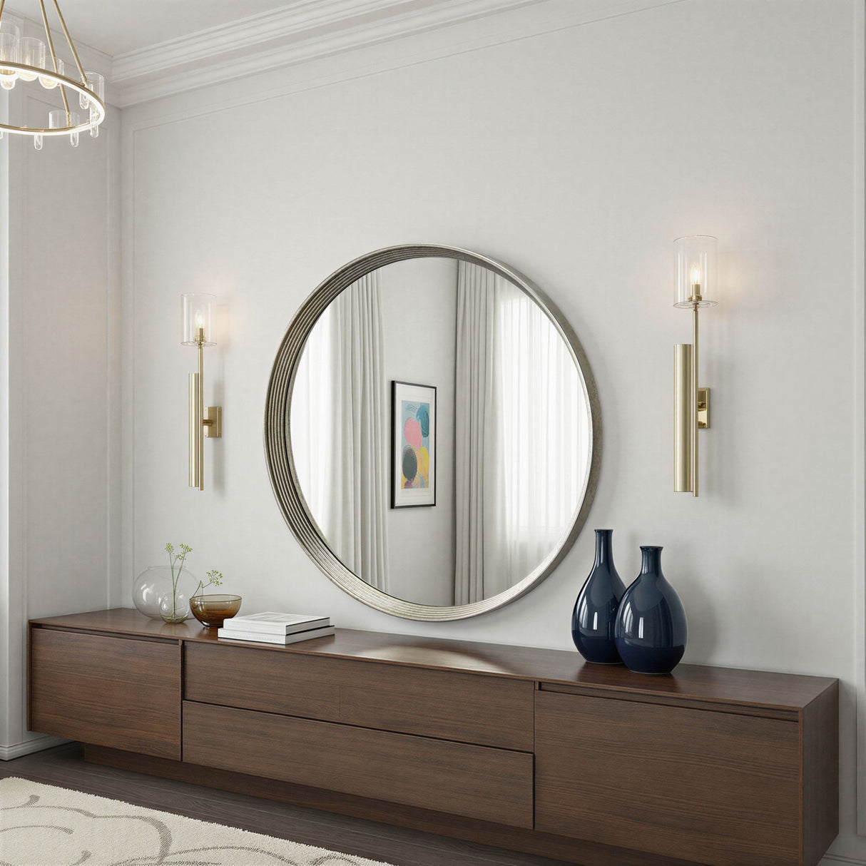 Large round contemporary circular mirror silver bevelled