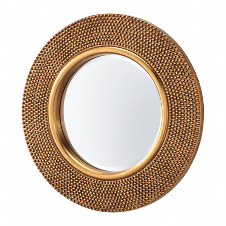 Round mirror with a textured gold frame on a white background